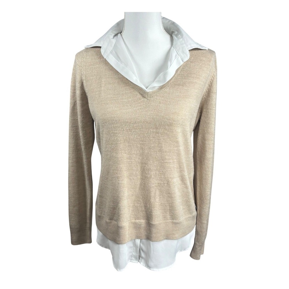 Equestrian Preppy Layered Top‎ Sweater Collar Shirt Tan Academia Ivy League M
